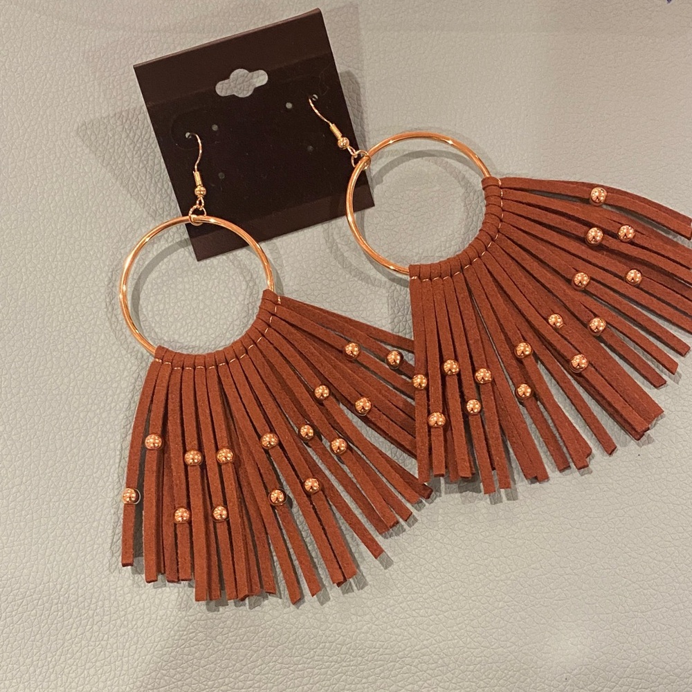 Brown Fringe Hoop Earrings